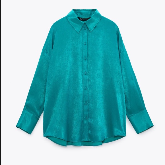Zara | Tops | Zara Oversized Satin Effect Shirt Turquoise | Poshmark